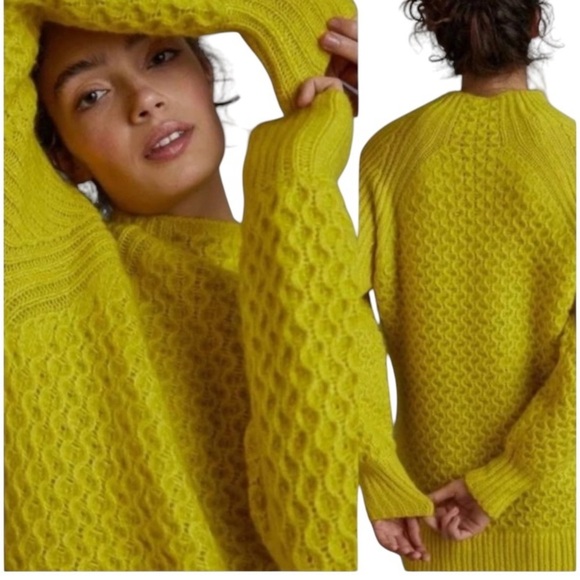 Anthropologie  yellow Lime Bia Mock Neck Tunic Sweater Alpaca blend Texture Knit - Picture 2 of 13